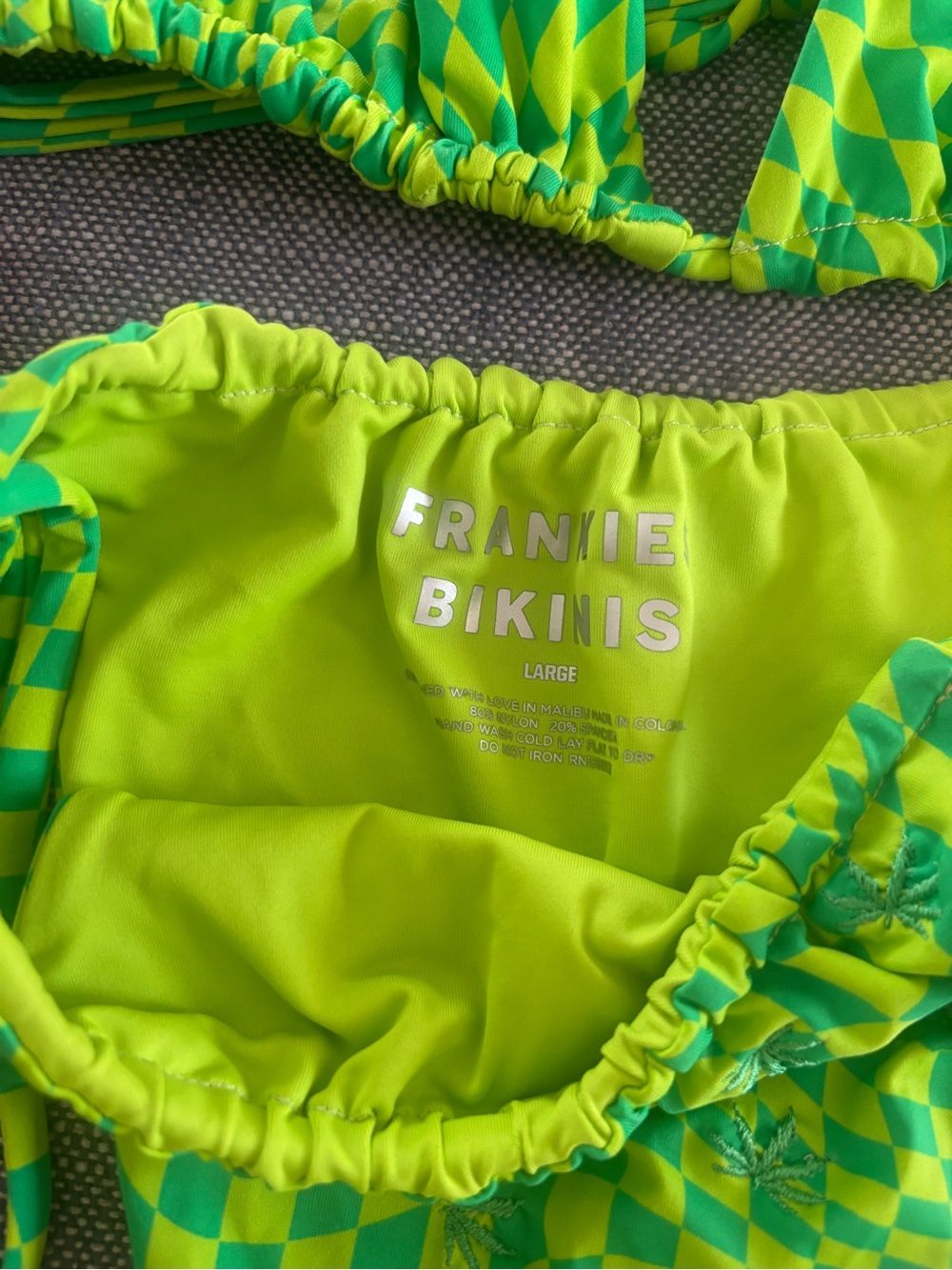 Frankie's Bikinis Morrison neon Green Checker Tie-Side Triangle ganja girl - Picture 4 of 5
